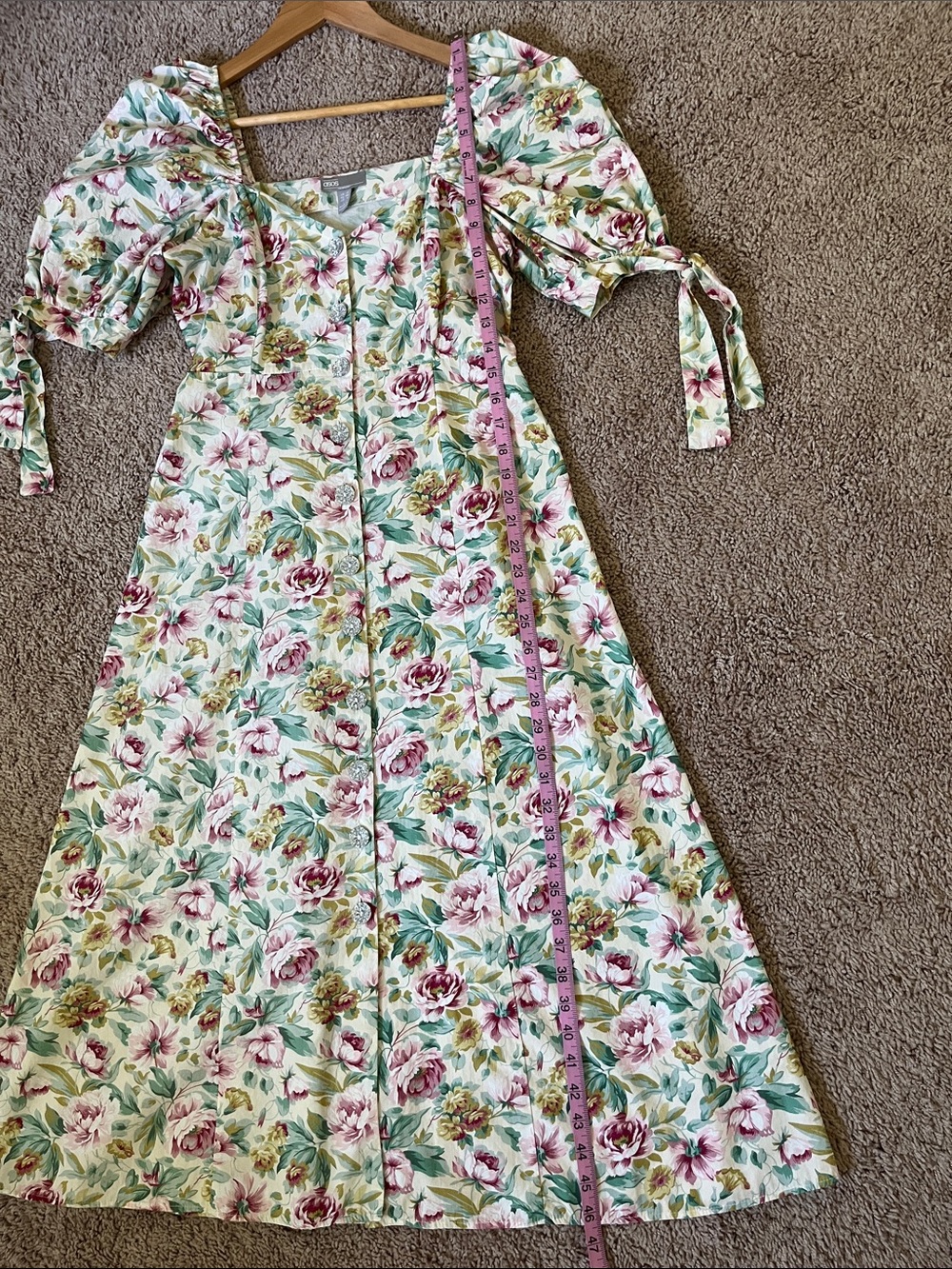 ASOS Puff Sleeve Floral Button-Front Midi Dress in Pink, Green & Cream - Picture 5 of 16